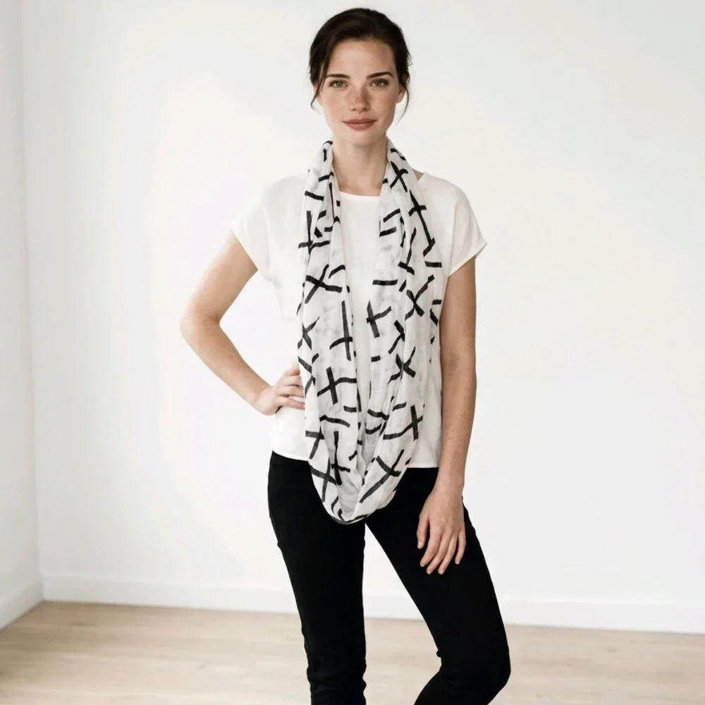 Black‎ and White Cross Designed Circular Scarf in Lightweight Cotton  -